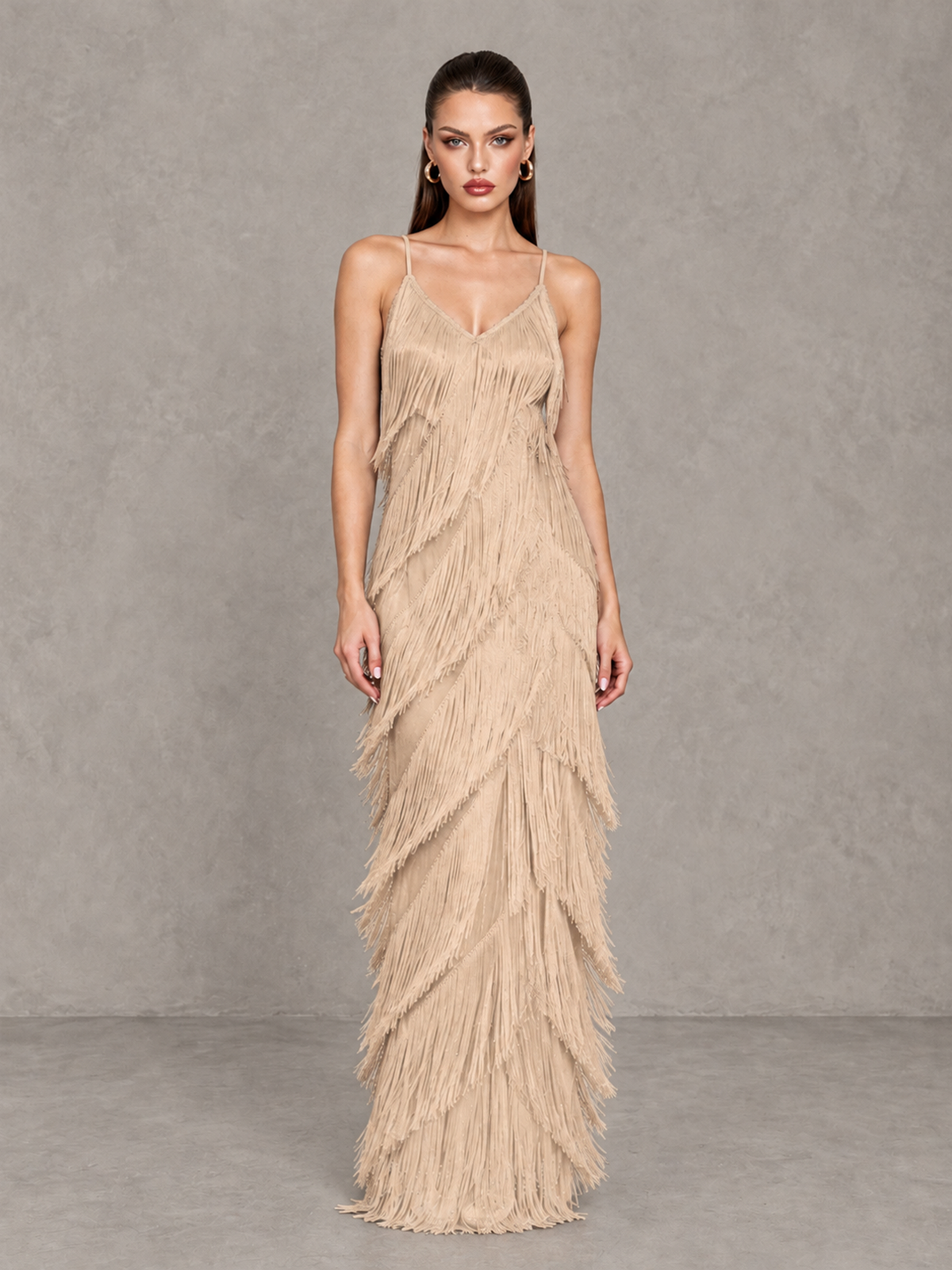 BOLODOO Champagne V-Neck Spaghetti Strap Fringe Maxi Evening Dress - Champagne - Champagne_1