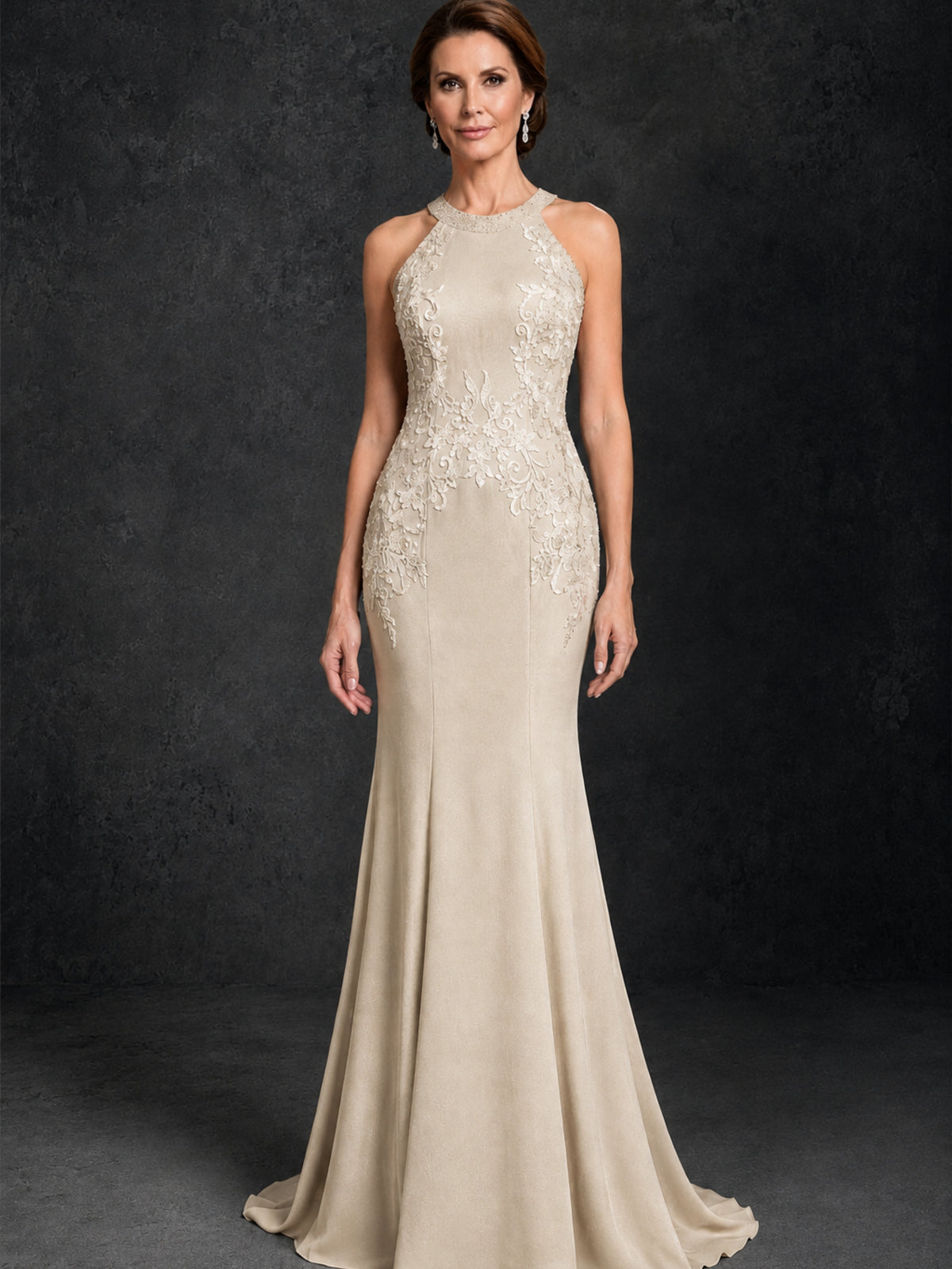 BOLODOO Champagne Lace Applique Halter Neck Sheer Back Mermaid Maxi Dress with Sweep Train - Champagne