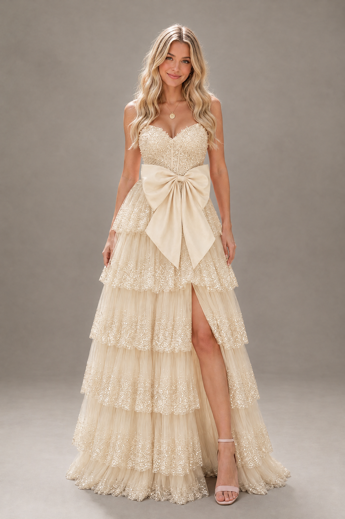 BOLODOO Champagne Strapless Tiered Tulle Prom Dress with Bow - Champagne - Champagne_1