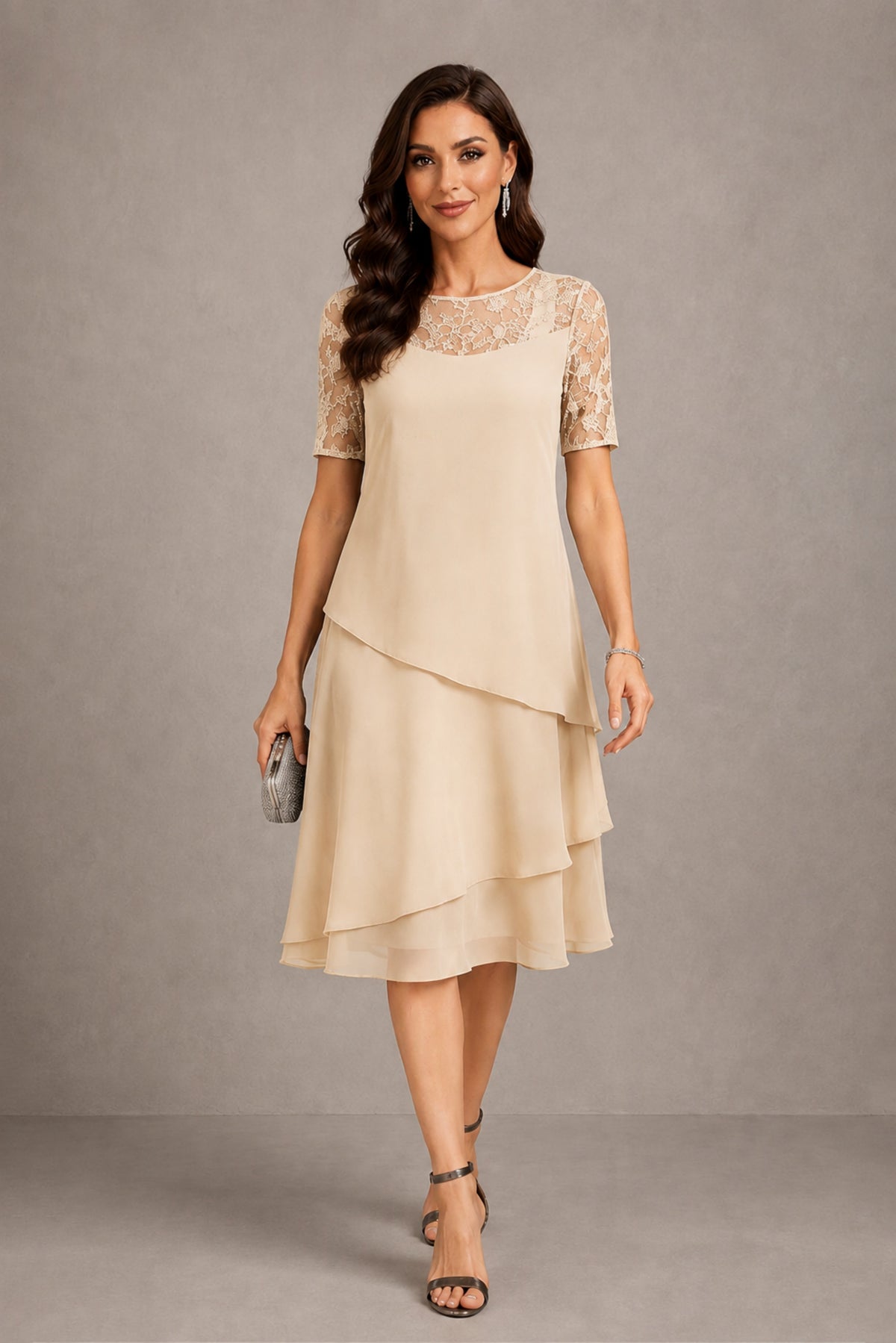 BOLODOO Champagne Illusion Lace Short Sleeve Tiered Chiffon Tea Length Dress | Mother of the Bride Midi Dress - Champagne