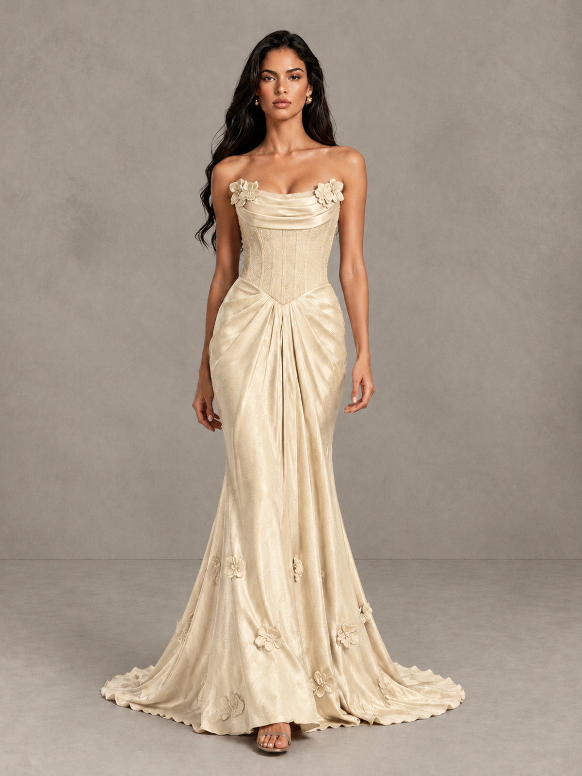 BOLODOO Champagne Strapless Floral Corset Evening Gown with Train - Champagne - Champagne_1