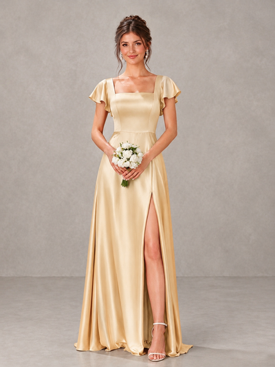 BOLODOO Champagne Satin Square Neck Flutter Sleeve A-Line Bridesmaid Dress with Slit - Champagne - Champagne_1