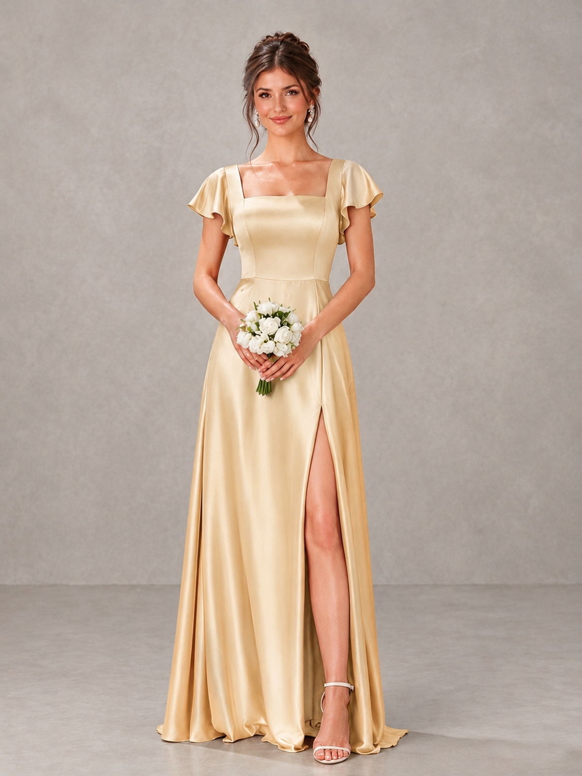 BOLODOO Champagne Satin Square Neck Flutter Sleeve A-Line Bridesmaid Dress with Slit - Champagne - Champagne_1