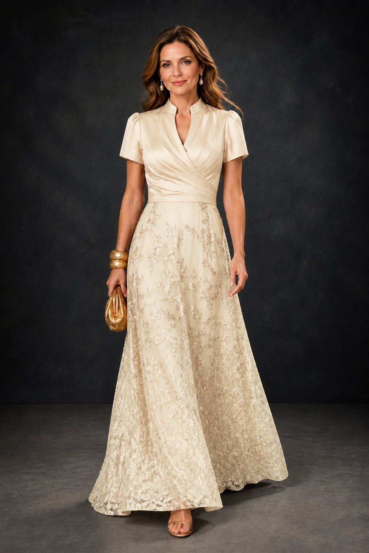 BOLODOO Champagne Satin Wrap V-Neck Short Sleeve Lace Glitter A-Line Floor Length Evening Gown – Formal Dress - Champagne
