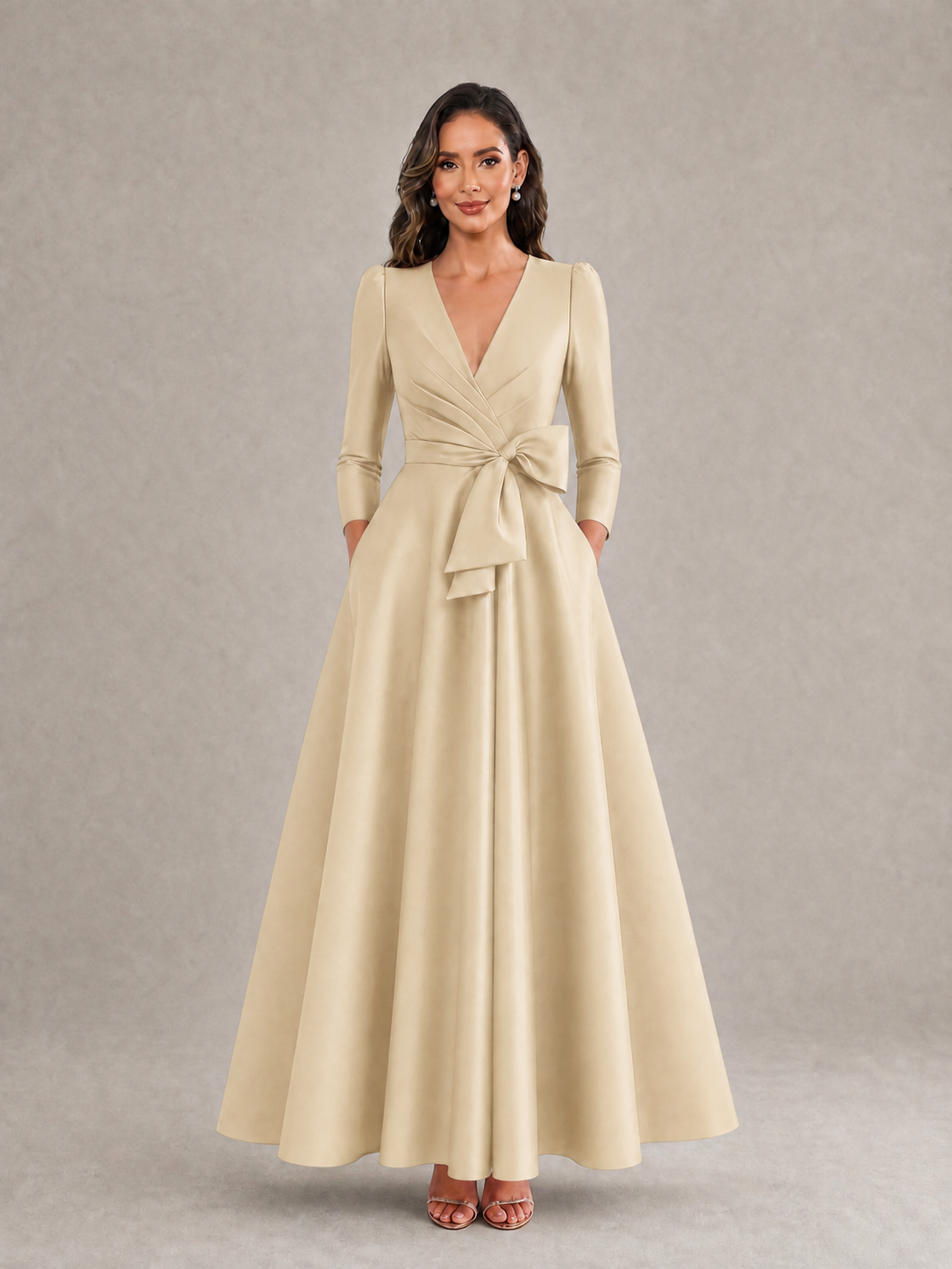 BOLODOO Champagne Satin Deep V-Neck Wrap 3/4 Puff Sleeve A-Line Ball Gown Maxi Dress with Oversized Bow Belt - Champagne