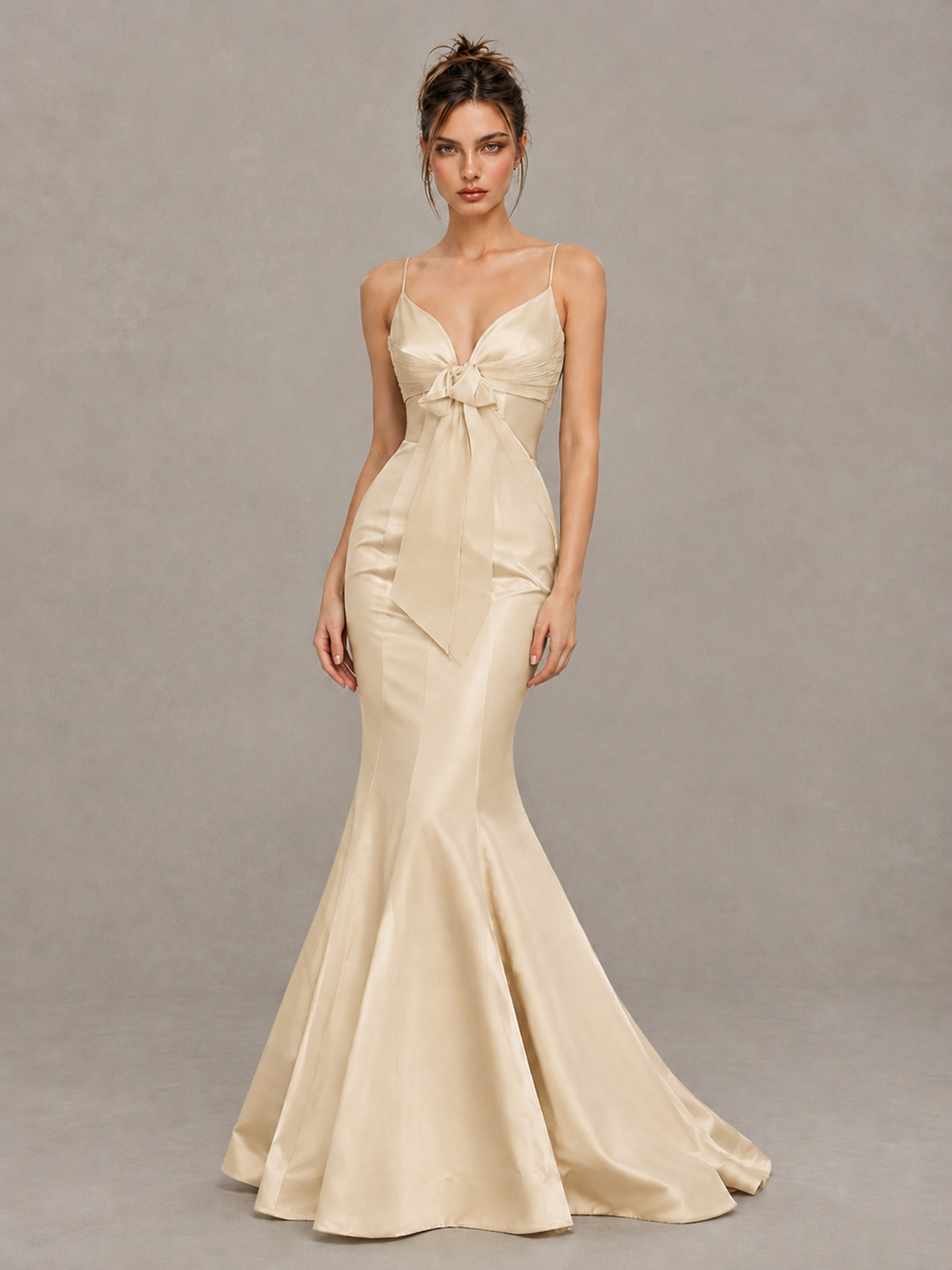 BOLODOO Champagne Satin-Look Mermaid Prom Dress with Bow - Champagne - Champagne_1
