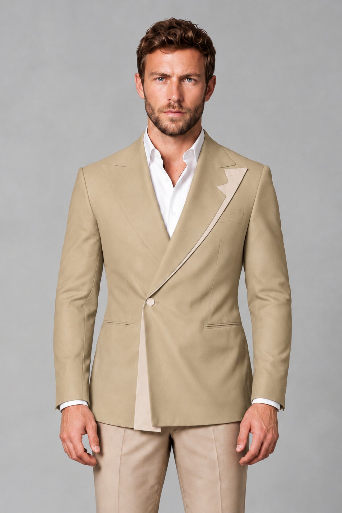 BOLODOO Men's Champagne Double-Breasted Blazer & Khaki Trousers Tuxedo 2-Piece Suit Set - Champagne - Champagne_1