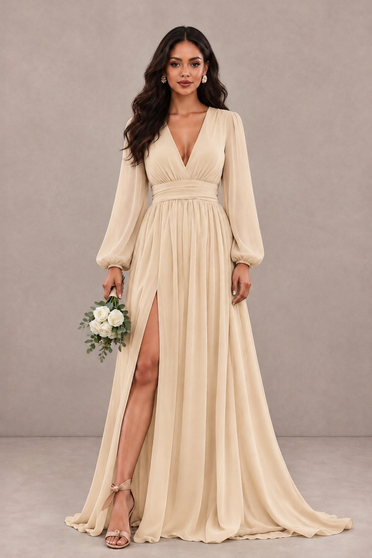 BOLODOO Champagne Long Sleeve V-Neck A-Line Gown with Open Back & Slit - Champagne - Champagne_1