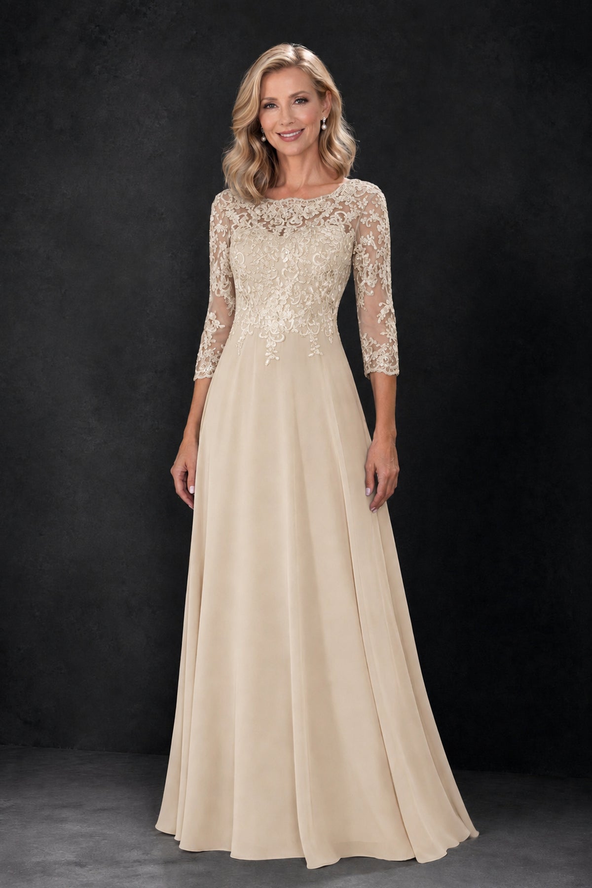 BOLODOO Champagne Lace Embroidered Mother of the Bride Dress with 3/4 Sleeves - Champagne