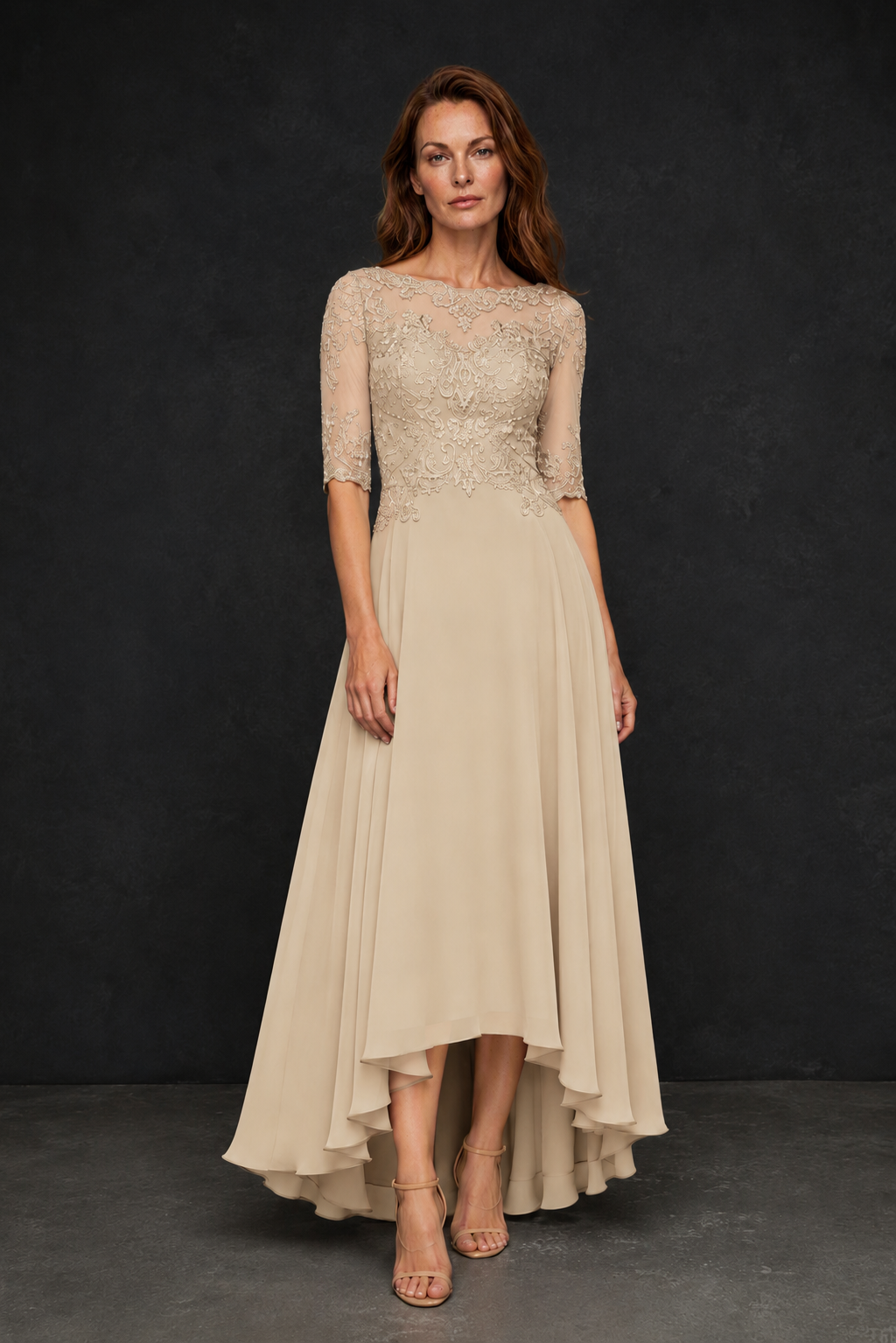 BOLODOO Champagne Illusion Lace 3/4 Sleeve Hi-Lo Chiffon A-Line Dress | Mother of the Bride Tea Length Dress - Champagne