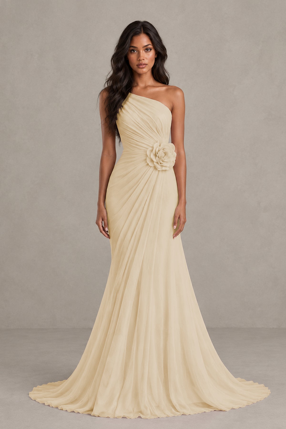 BOLODOO Champagne One-Shoulder Floral Ruched Maxi Dress - Champagne