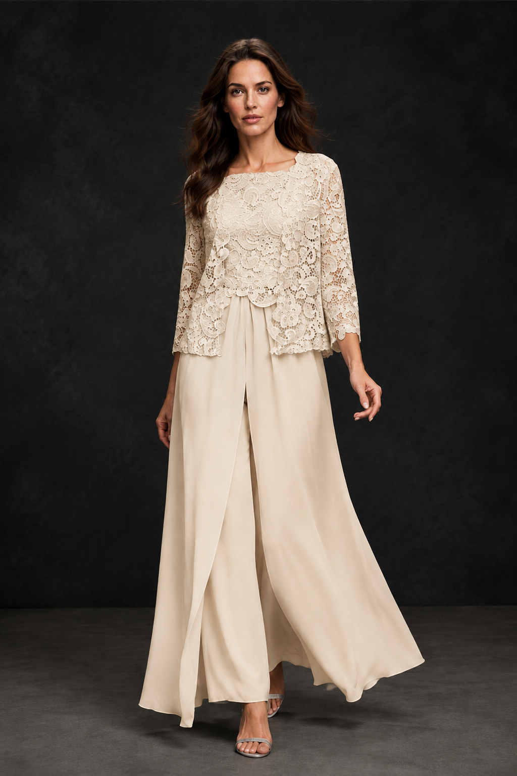 BOLODOO Champagne Grey Lace Peplum Top & Wide-Leg Chiffon Pants Set | Mother of the Bride & Formal Evening Outfit - Champagne