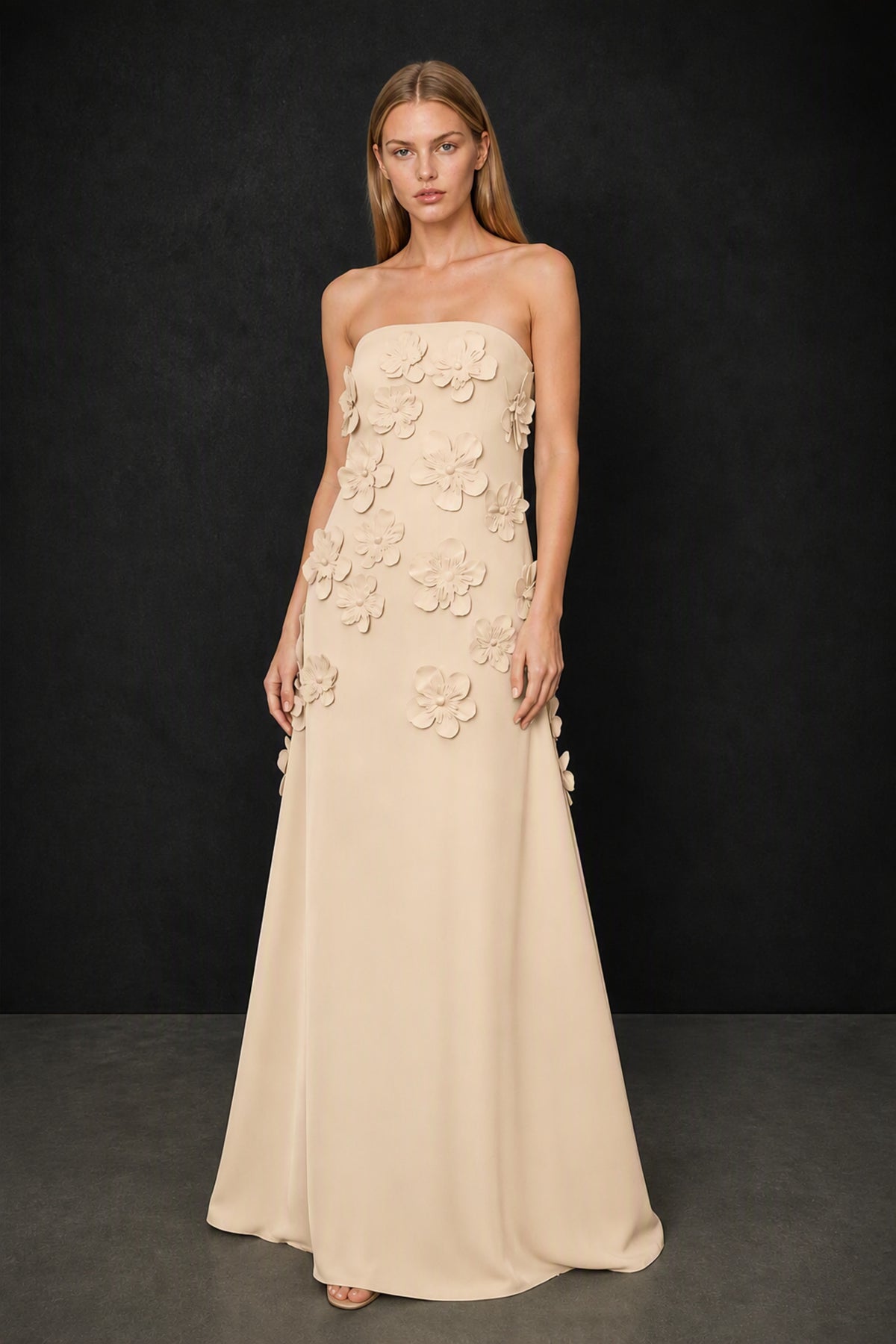BOLODOO Champagne Strapless 3D Floral Appliqué Crepe Mermaid Maxi Gown - Champagne