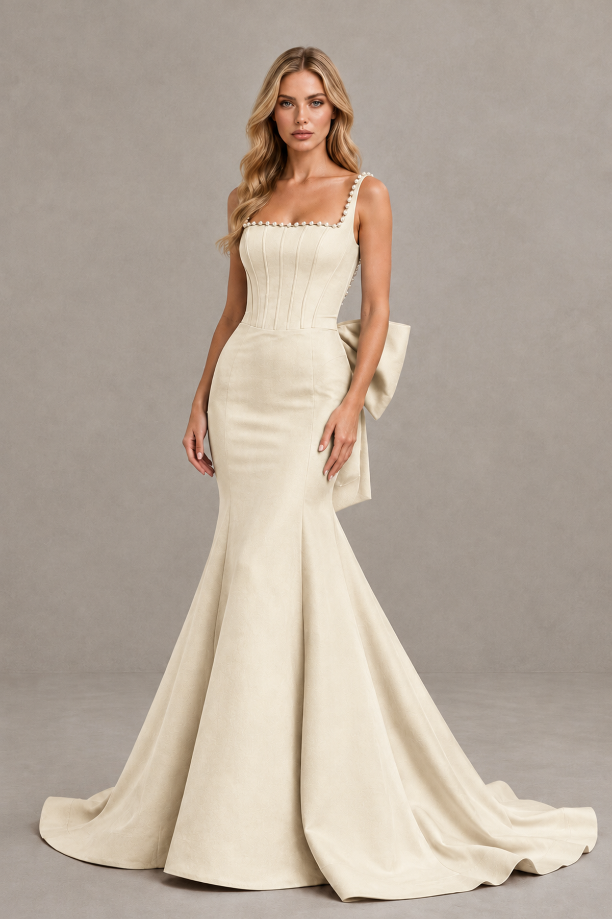 BOLODOO Champagne Pearl-Trim Mermaid Prom Dress with Back Bow - Champagne - Champagne_1