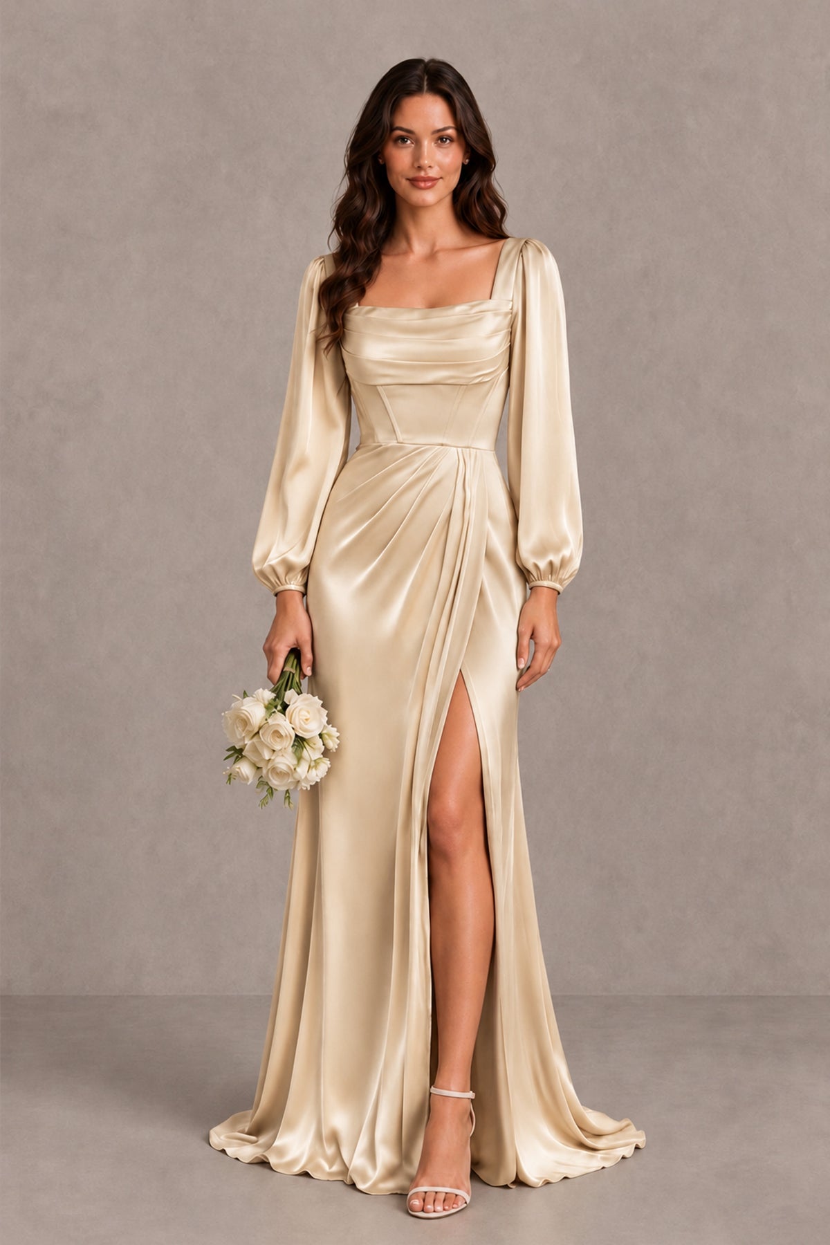 BOLODOO Champagne Satin-Look Long Sleeve Evening Dress with High Slit - Champagne - Champagne_1