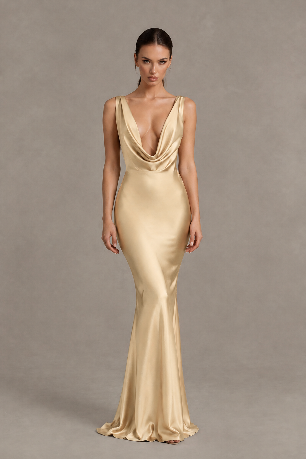 BOLODOO Champagne Cowl Neck Backless Satin Mermaid Evening Dress - Champagne - Champagne_1