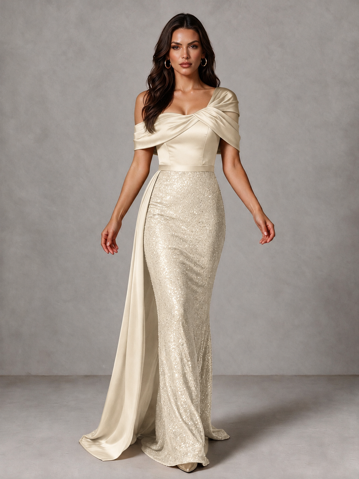 BOLODOO Champagne Sequin Mermaid Evening Dress with Off-Shoulder Satin Drape and Sweep Train - Champagne - Champagne_1