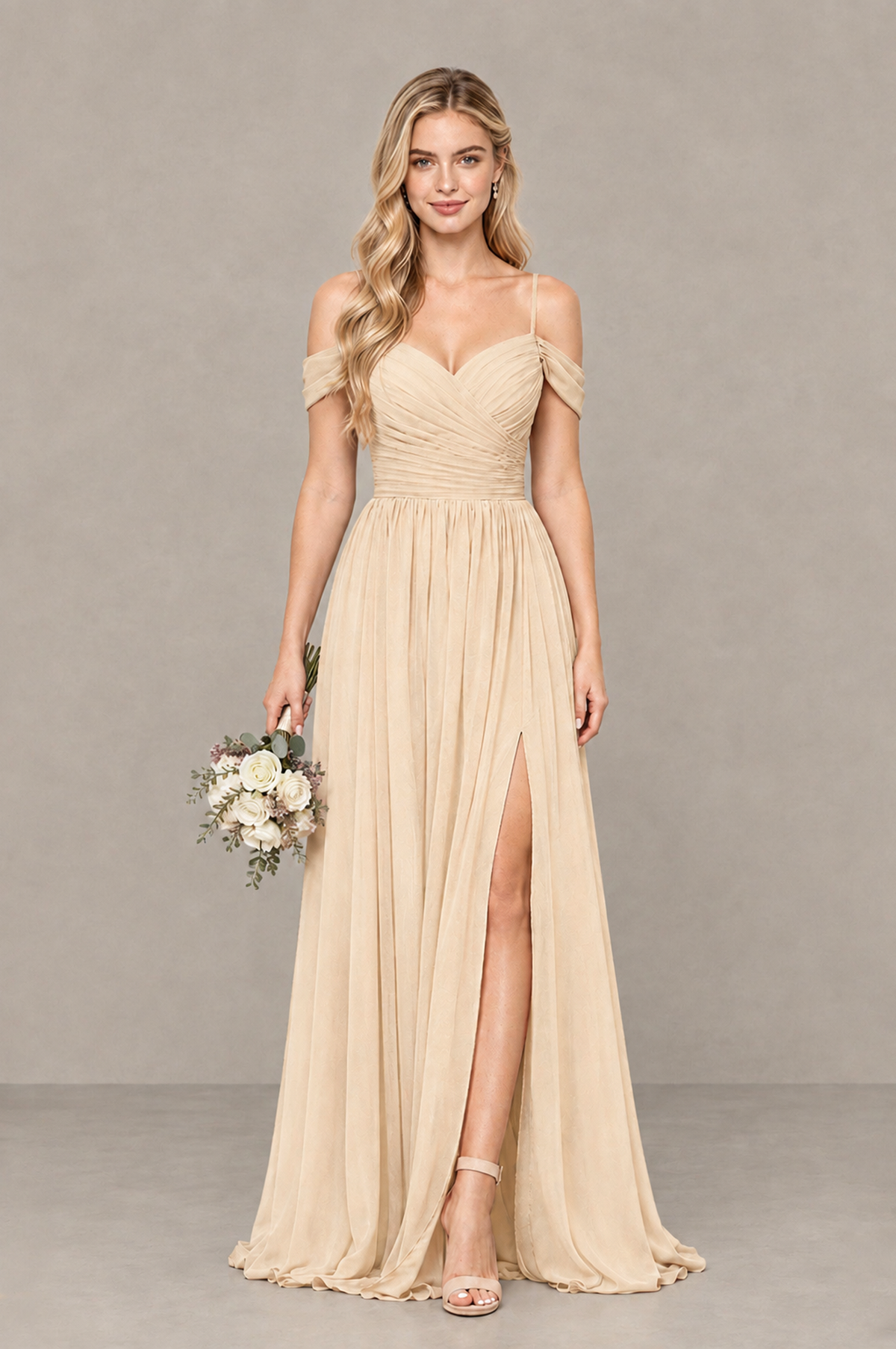BOLODOO Champagne Off-Shoulder Bridesmaid Dress with Slit - Champagne