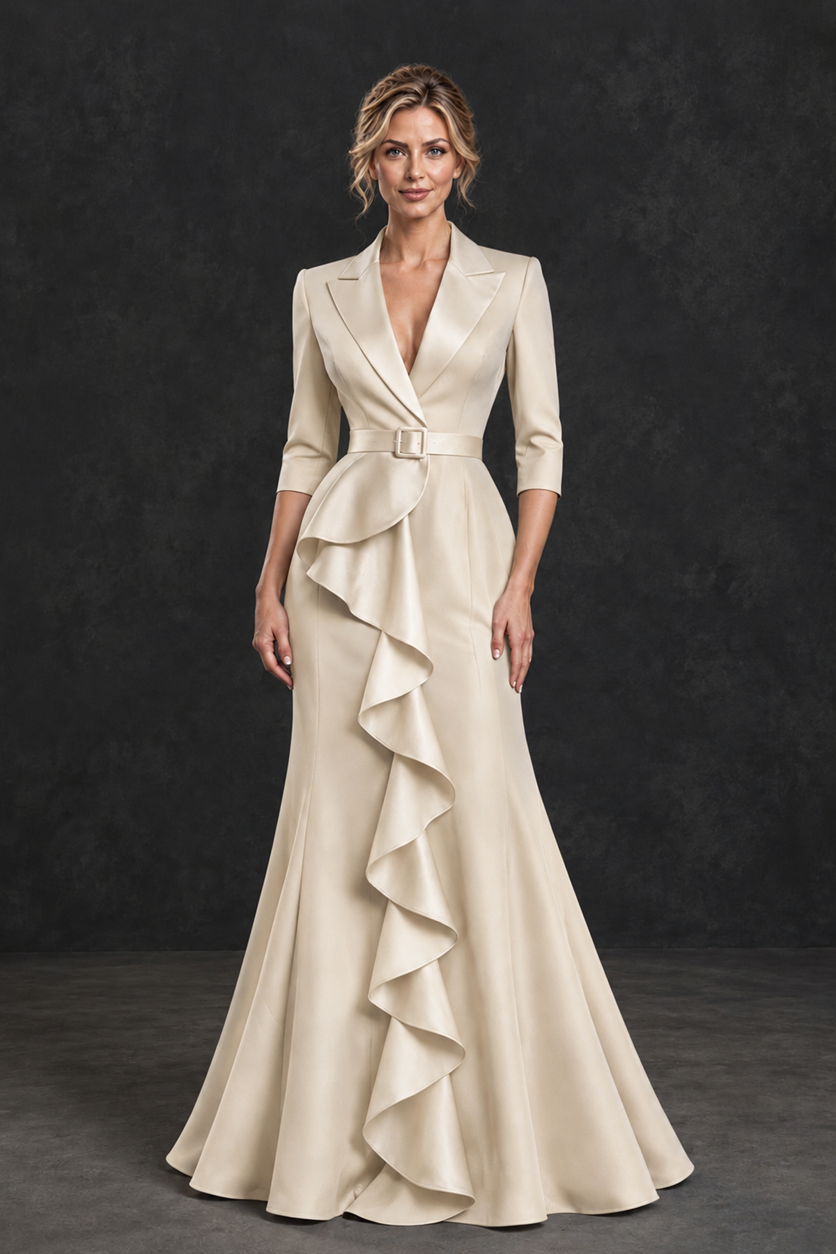 BOLODOO Champagne Lapel Ruffle Mother of the Bride Dress with Belt - Champagne - Champagne_1