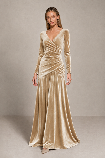 BOLODOO Champagne Velvet Long Sleeve V-Neck Ruched Evening Dress - Champagne - Champagne_1