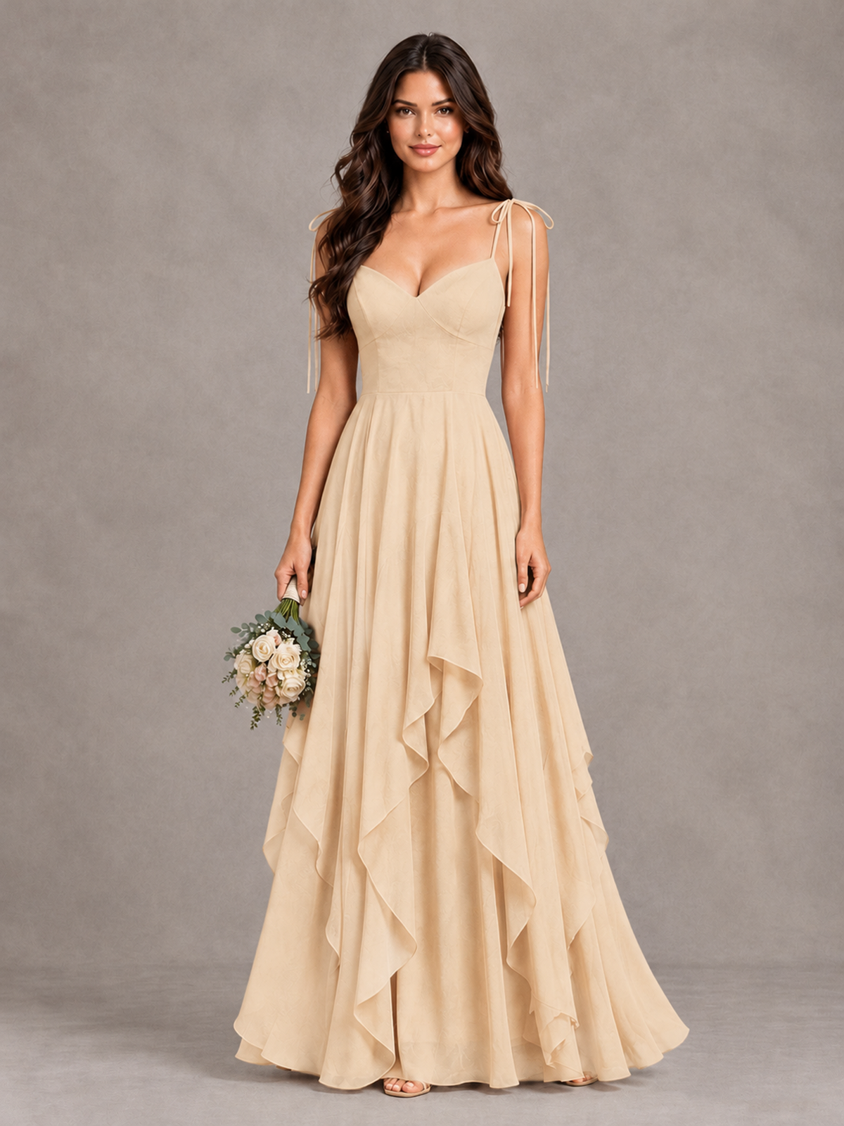 BOLODOO Champagne Tie-Strap Ruffle A-Line Bridesmaid Dress - Champagne - Champagne_1