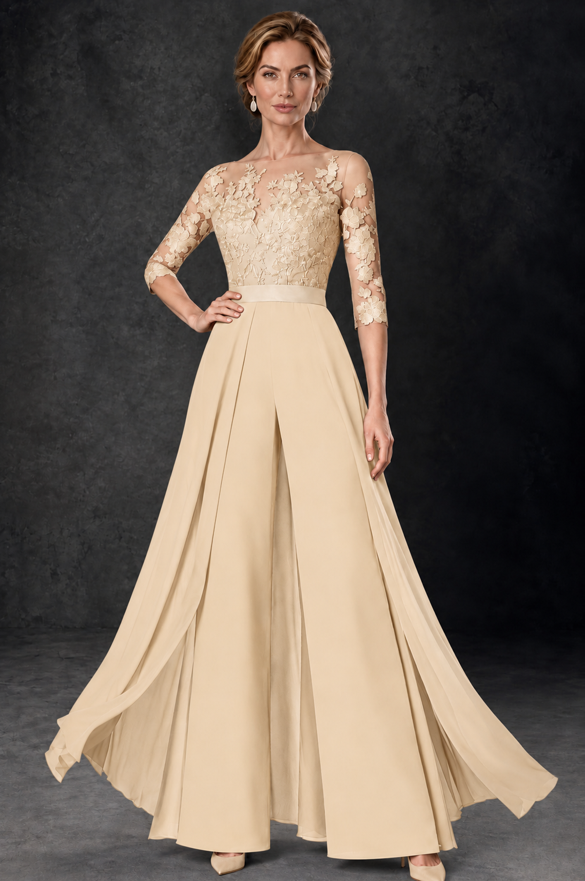 BOLODOO Champagne Lace Wide-Leg Jumpsuit with Three-Quarter Sleeves - Champagne - Champagne_1