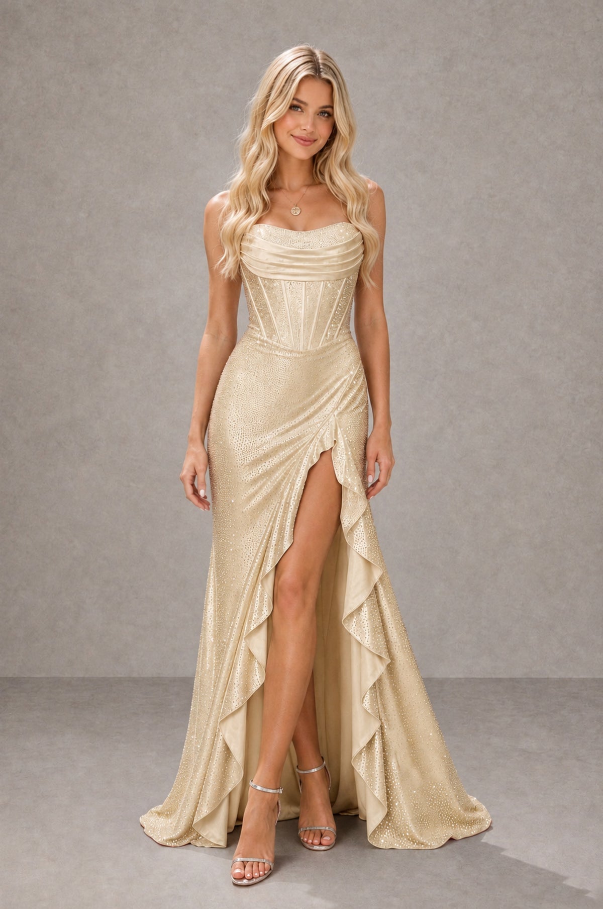 BOLODOO Champagne Strapless Corset Mermaid Prom Dress with Ruffle Slit - Champagne - Champagne_1