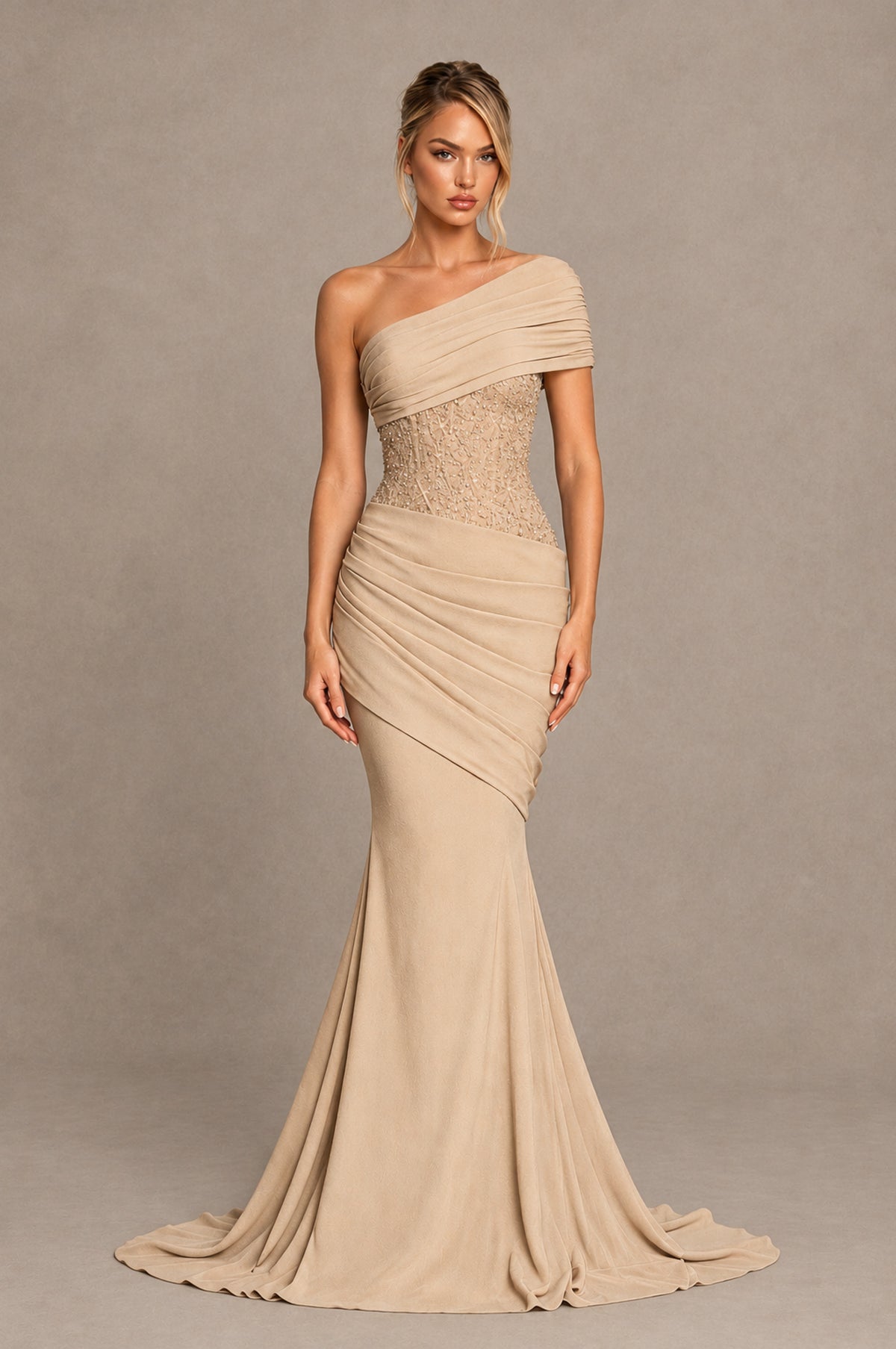 BOLODOO Champagne One-Shoulder Sequin Embroidered Ruched Mermaid Gown with Train - Champagne - Champagne_1