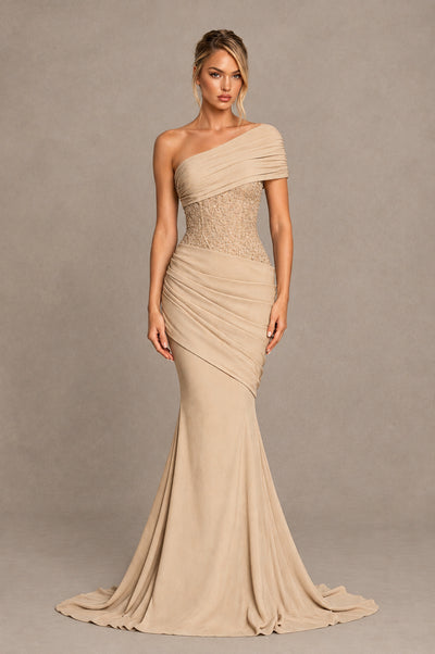 BOLODOO Champagne One-Shoulder Sequin Embroidered Ruched Mermaid Gown with Train - Champagne - Champagne_1