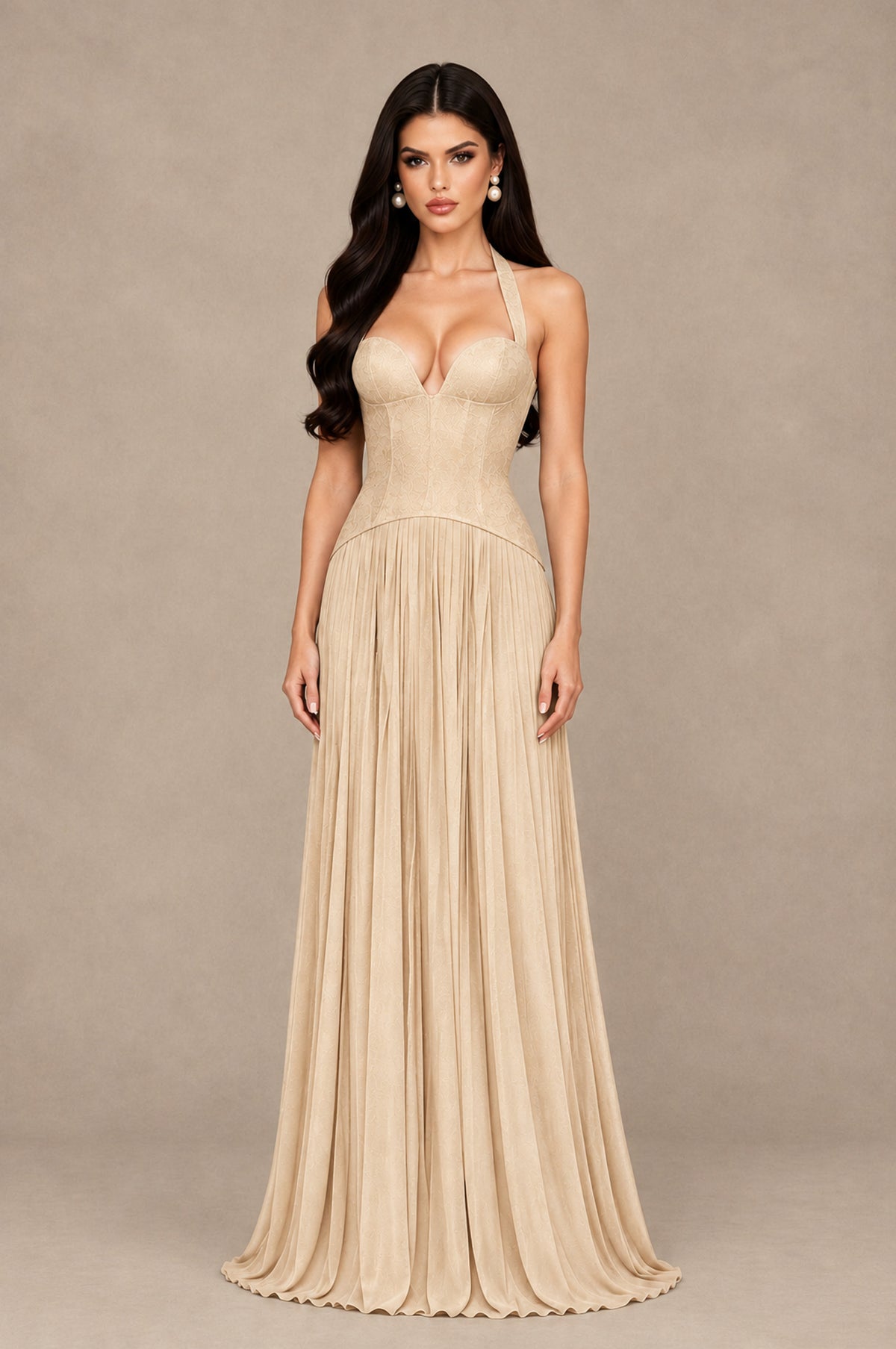 BOLODOO Champagne Halter Corset Pleated A-Line Evening Dress - Champagne - Champagne_1