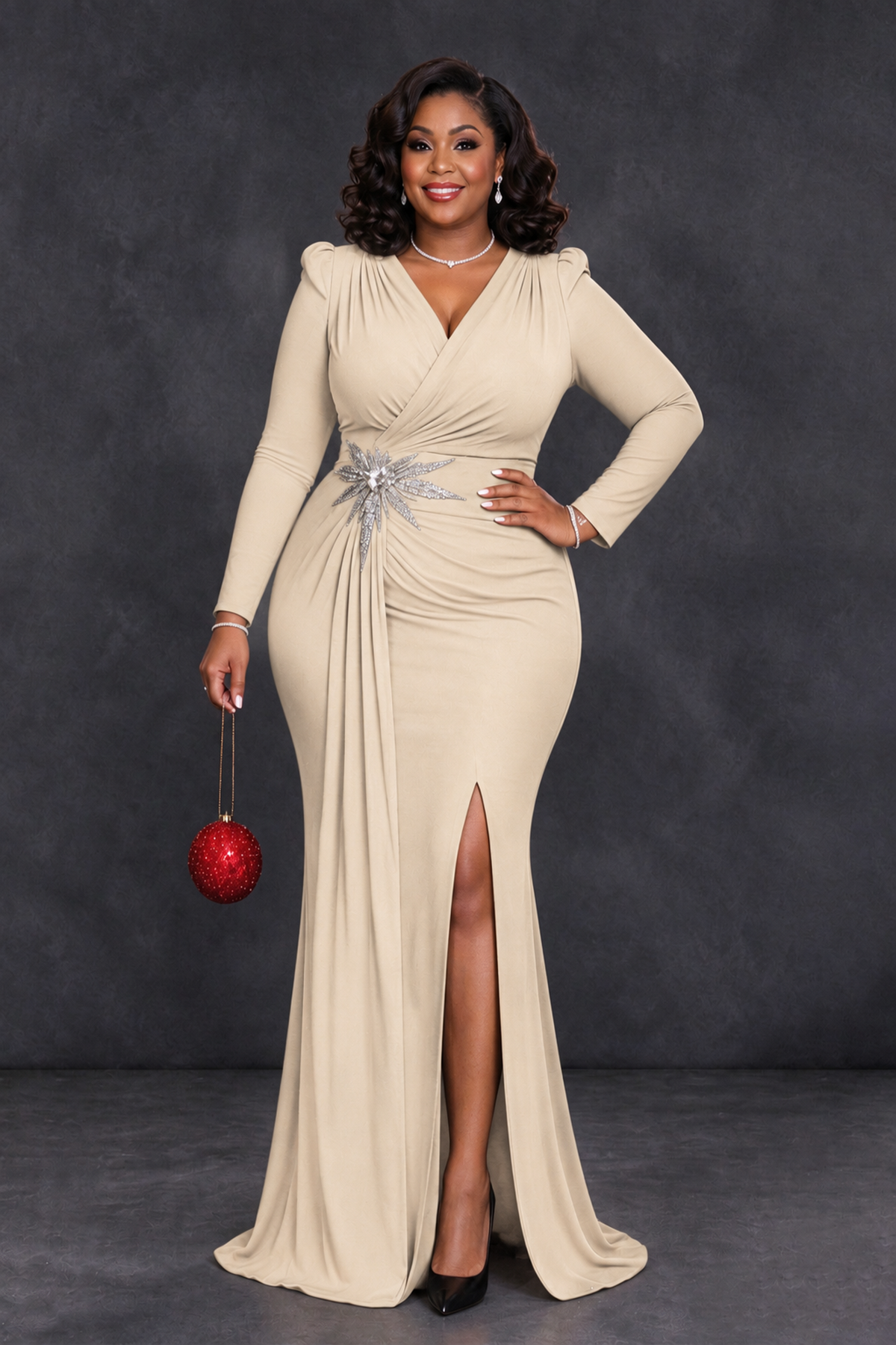 BOLODOO Champagne Plus Size Long Sleeve V-Neck Mother of the Bride Dress with Slit - Champagne - Champagne_1