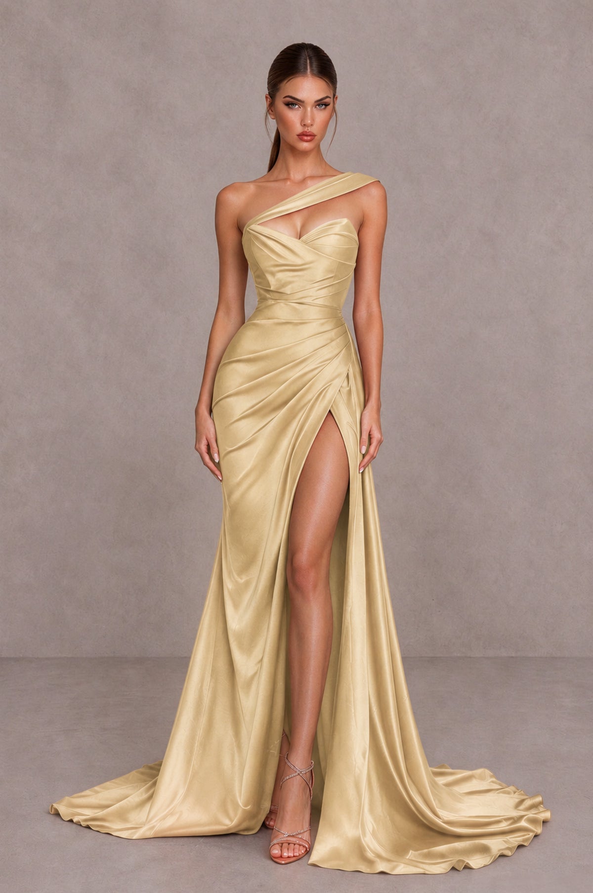 BOLODOO Champagne One Shoulder Satin Mermaid Evening Dress with Ruched Slit Skirt - Champagne - Champagne_1
