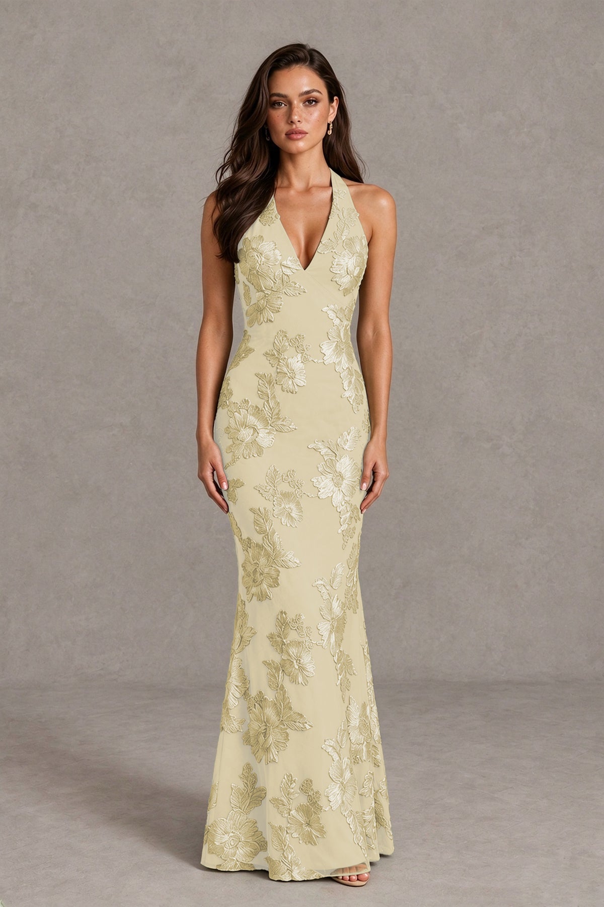 BOLODOO Champagne Floral Jacquard Halter Maxi Dress - Champagne - Champagne(1)
