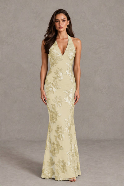BOLODOO Champagne Floral Jacquard Halter Maxi Dress - Champagne - Champagne(1)