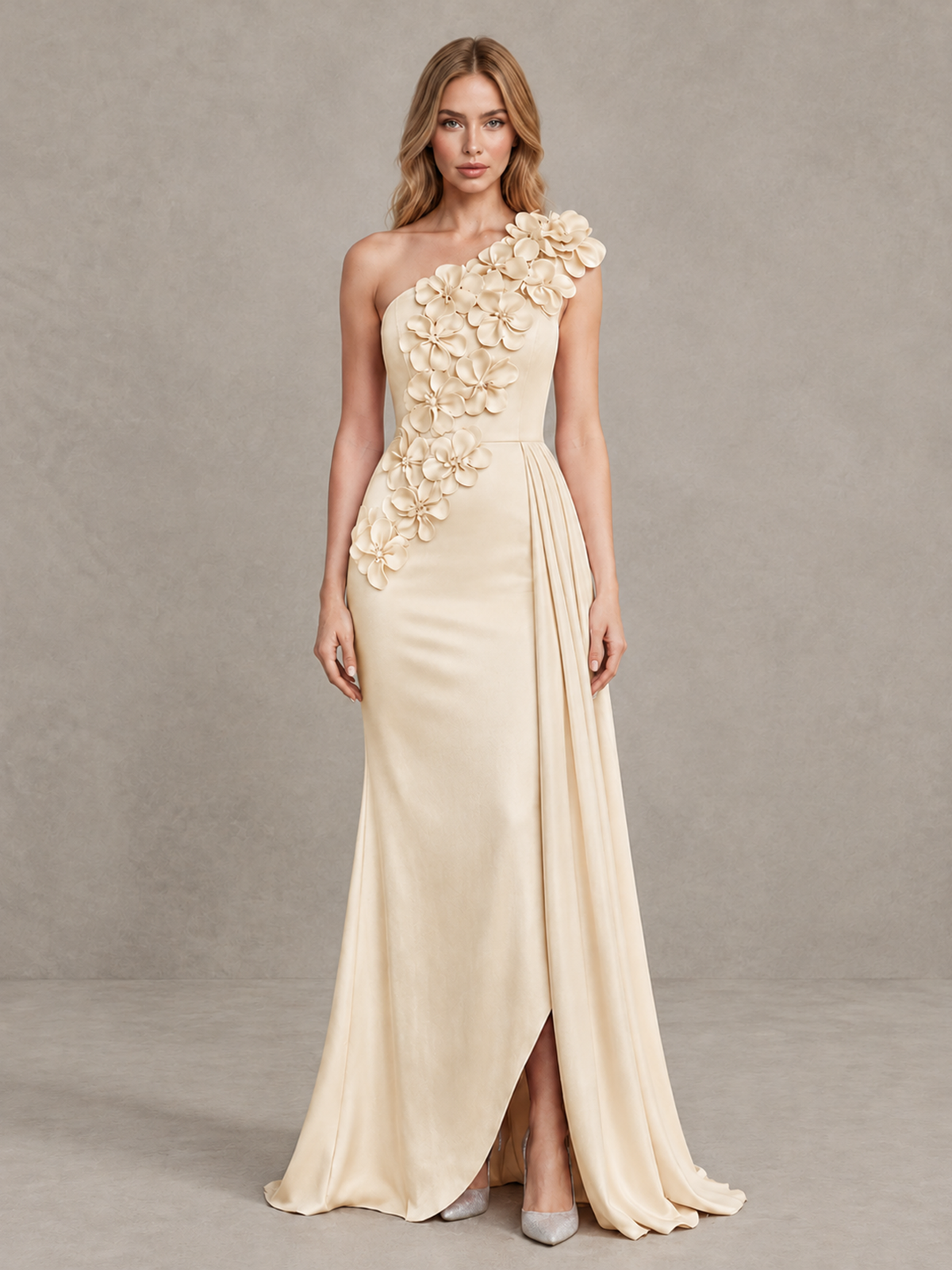 BOLODOO Champagne One-Shoulder Satin Mermaid Evening Gown with 3D Floral Appliqué - Champagne - Champagne_1