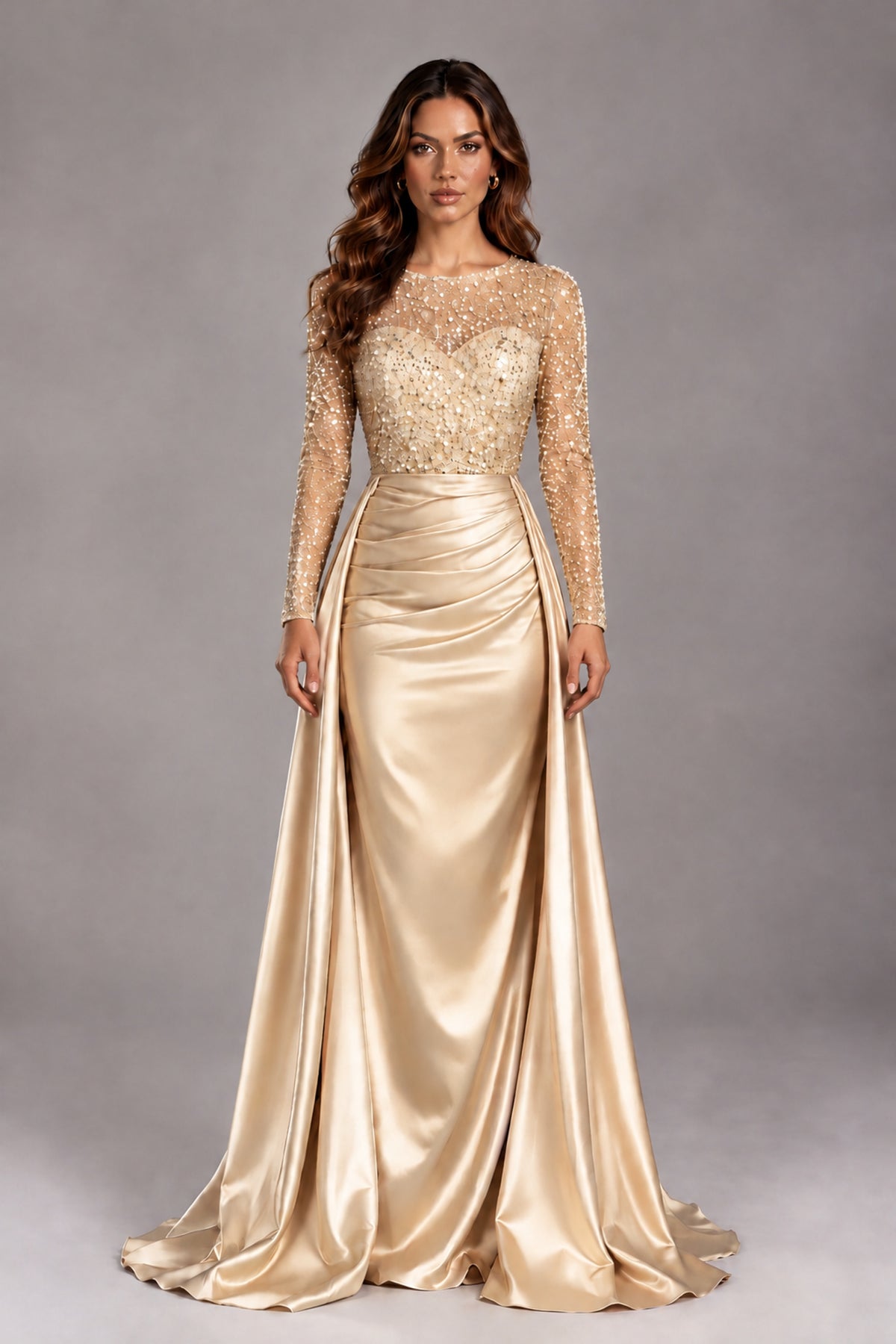 BOLODOO Champagne Long Sleeve Embellished Satin Evening Gown with Sweep Train - Champagne - Champagne_1