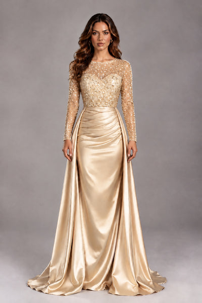 BOLODOO Champagne Long Sleeve Embellished Satin Evening Gown with Sweep Train - Champagne - Champagne_1