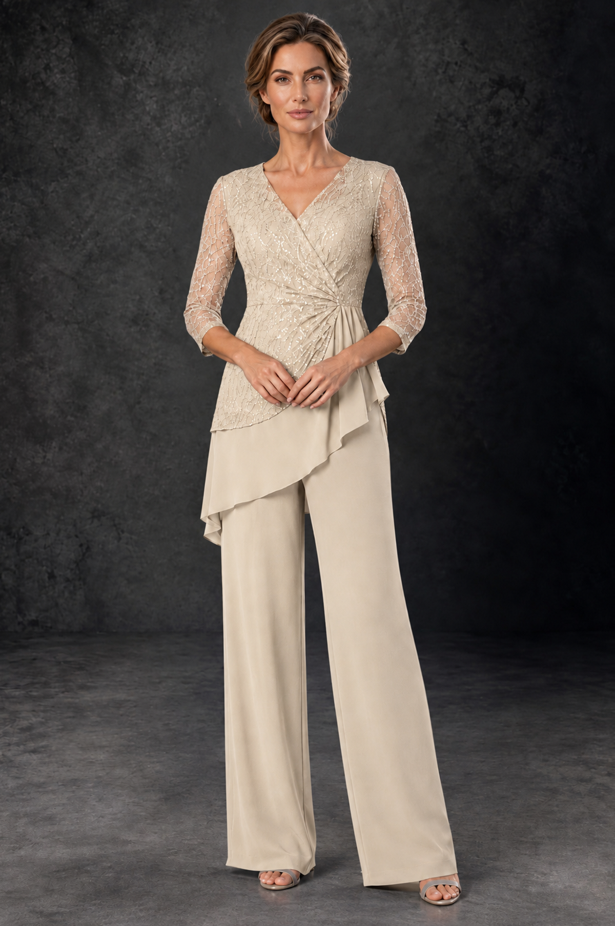 BOLODOO Champagne Sequin Lace 3/4 Sleeve Chiffon Mother of the Bride Pant Suit - Champagne - Champagne_1