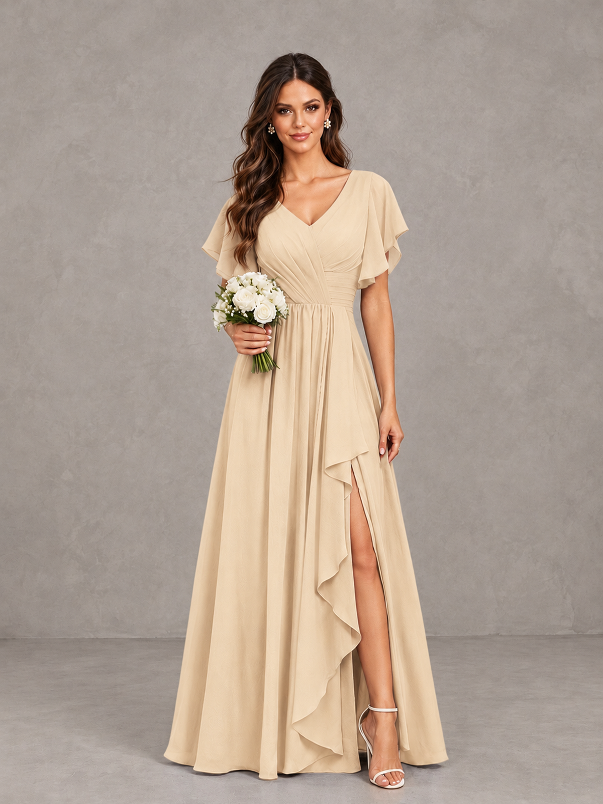 BOLODOO Champagne Flutter Sleeve V-Neck Bridesmaid Dress with Ruffle Slit - Champagne - Champagne_1