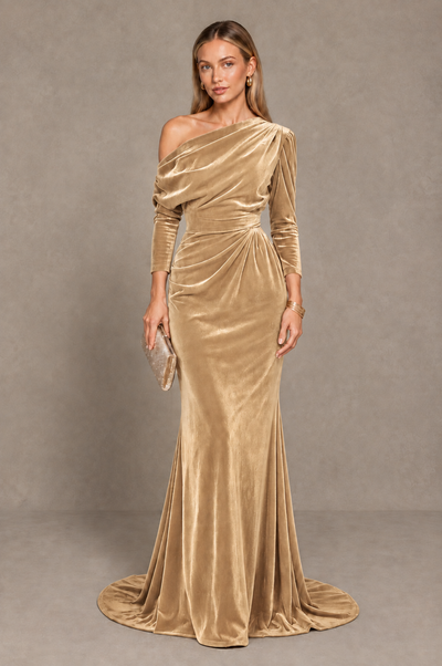 BOLODOO Champagne Velvet Asymmetric Neck Mermaid Evening Dress - Champagne - Champagne_1