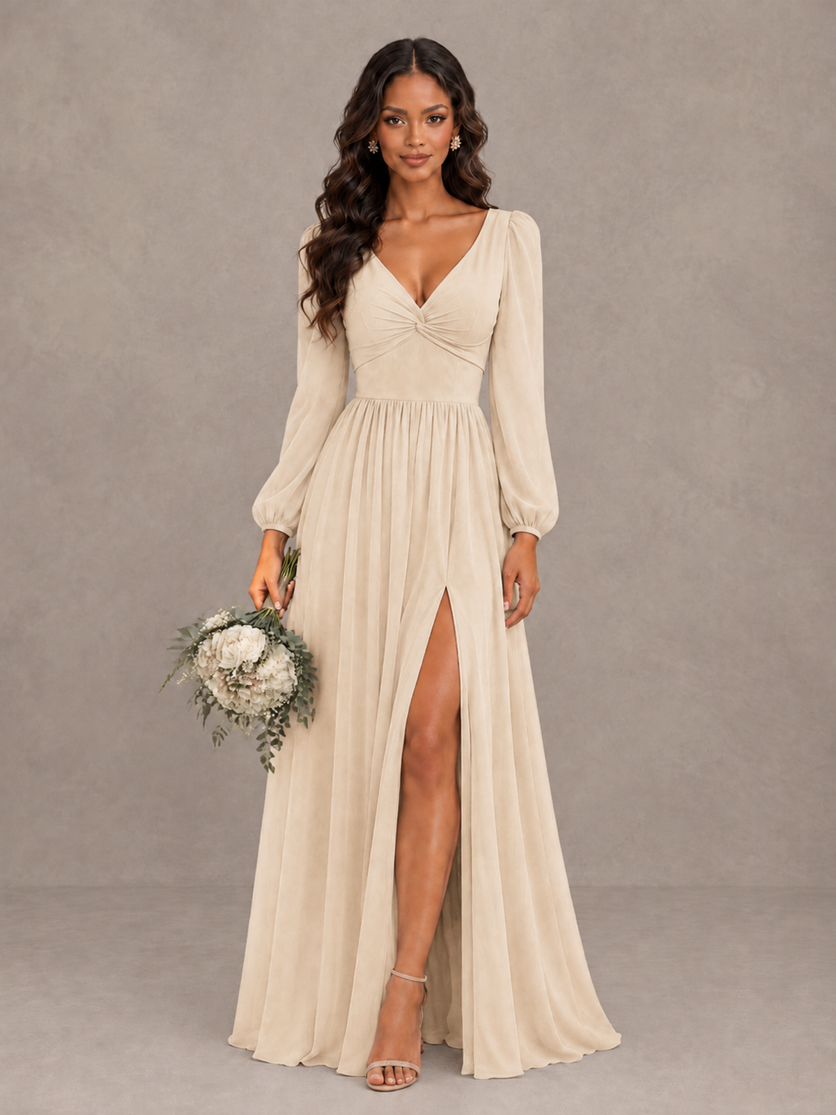 BOLODOO Champagne V-Neck Long Sleeve Bridesmaid Dress with Tie Back and Slit - Champagne - Champagne_1