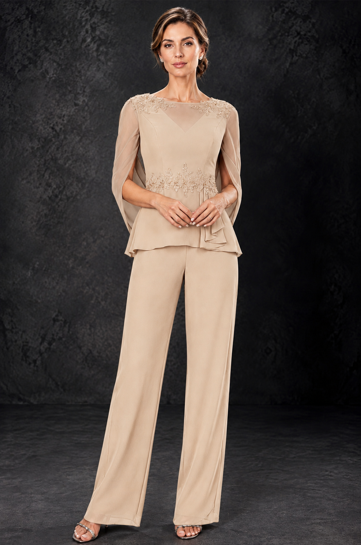 BOLODOO Champagne Embellished Cape Sleeve Mother of the Bride Pantsuit - Champagne - Champagne_1