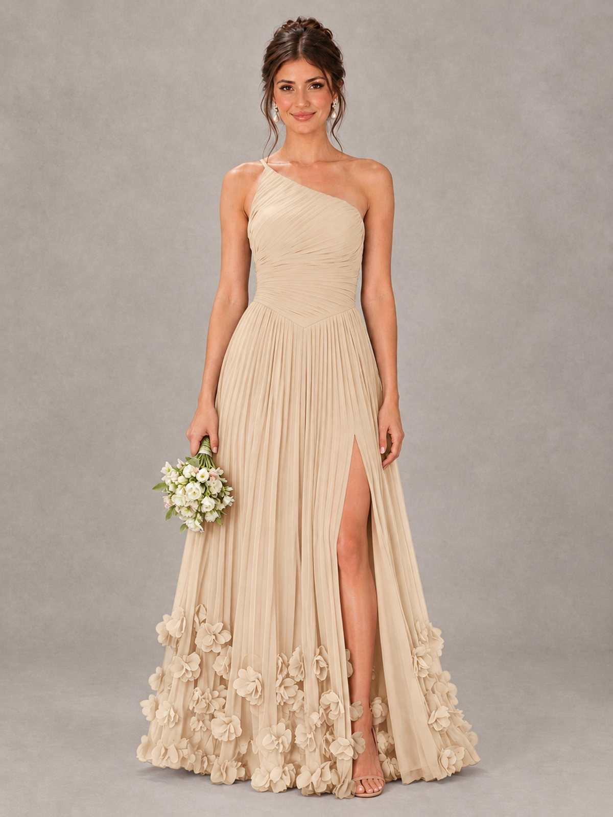 BOLODOO Champagne One-Shoulder Pleated Bridesmaid Dress with 3D Floral Hem - Champagne - Champagne_1