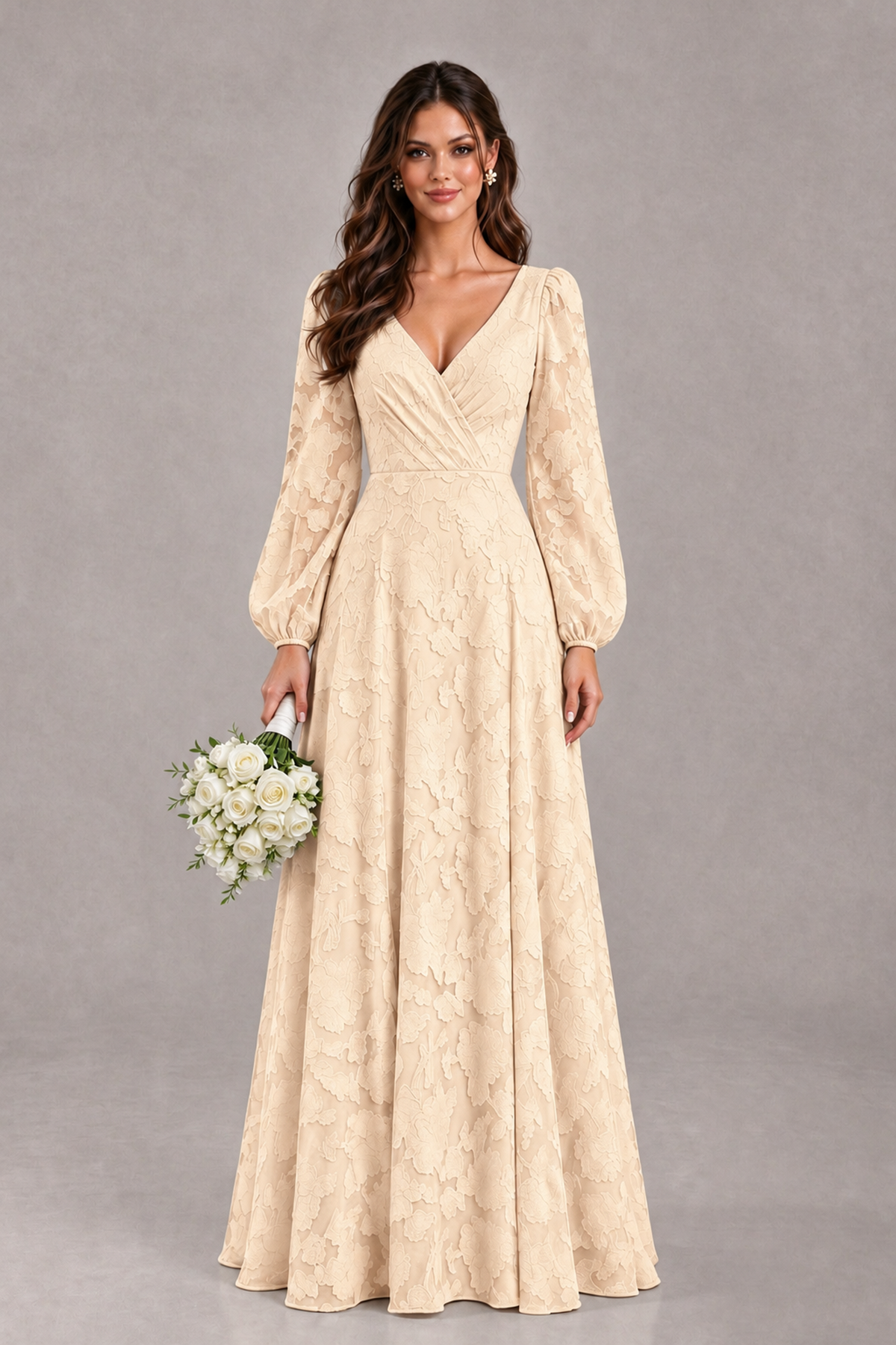 BOLODOO Champagne Long Sleeve V-Neck A-Line Mother of the Bride Dress - Champagne - Champagne_1