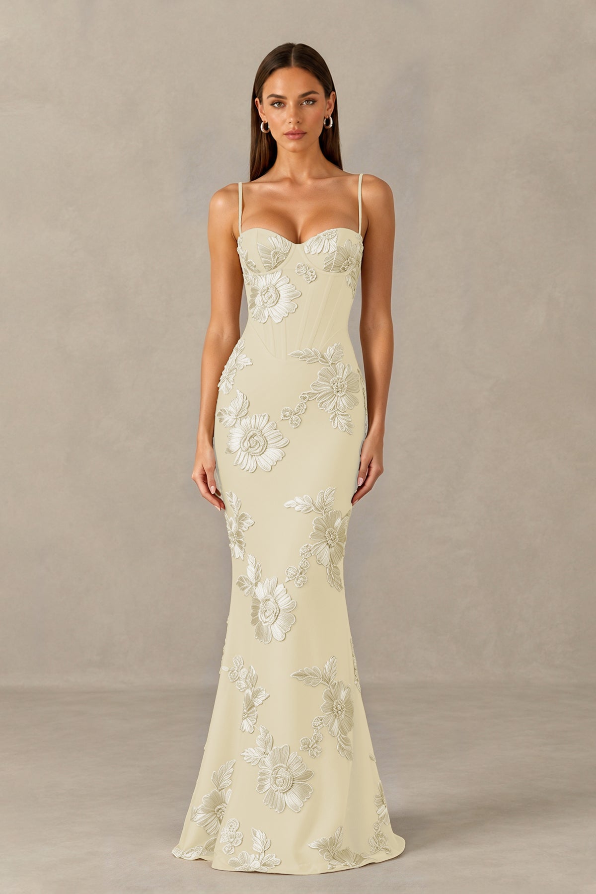 BOLODOO Champagne Floral Lace-Up Back Mermaid Maxi Dress - Champagne