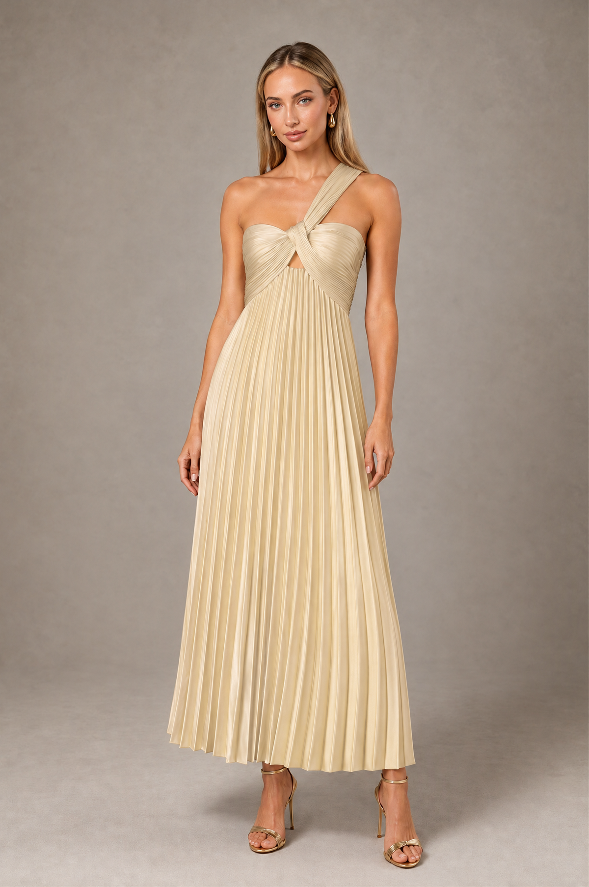 BOLODOO Champagne One-Shoulder Twist Knot Pleated Satin Midi Dress with Cutout - Champagne - Champagne_1