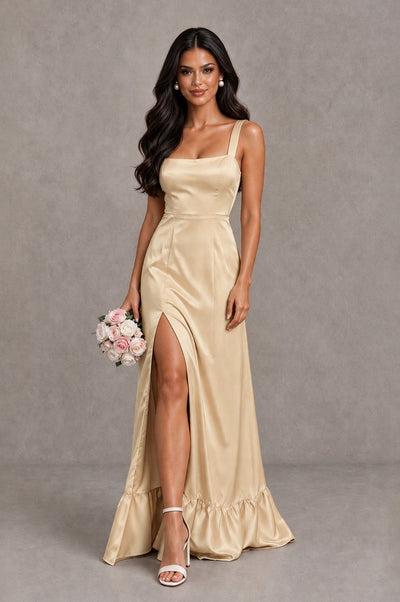 BOLODOO Champagne Square Neck Satin Evening Dress with Lace-Up Back and High Slit - Champagne - Champagne_1