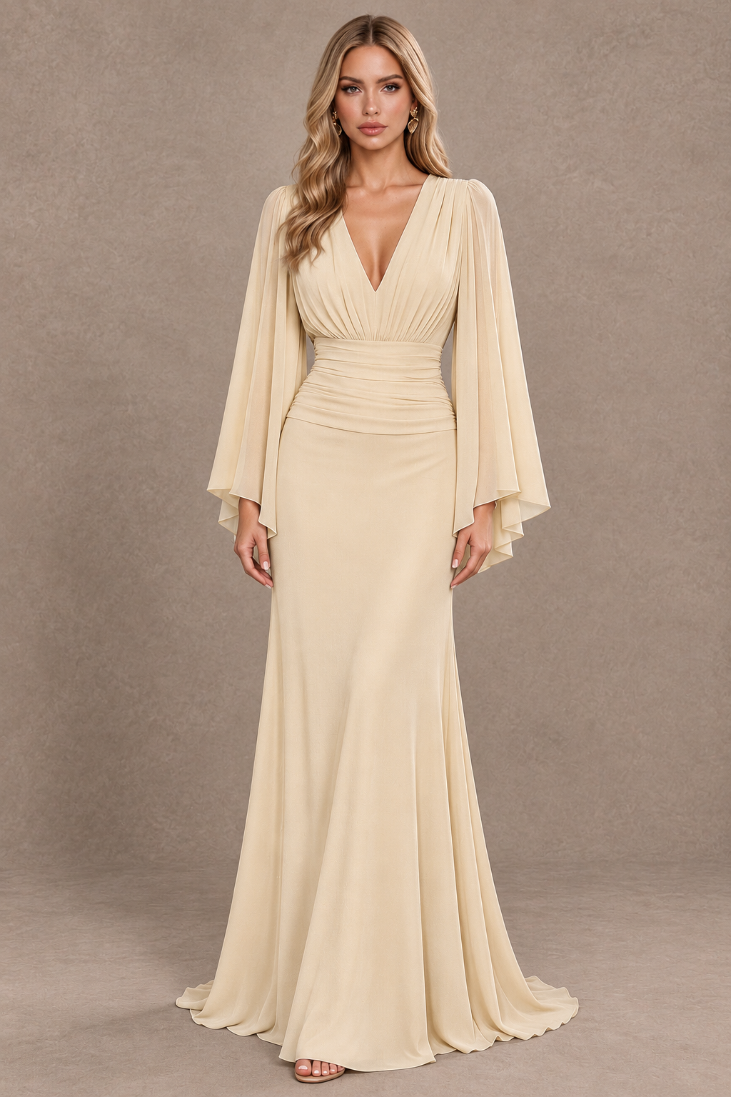 BOLODOO Champagne Cape Sleeve V-Neck Ruched Chiffon Evening Dress - Champagne - Champagne_1