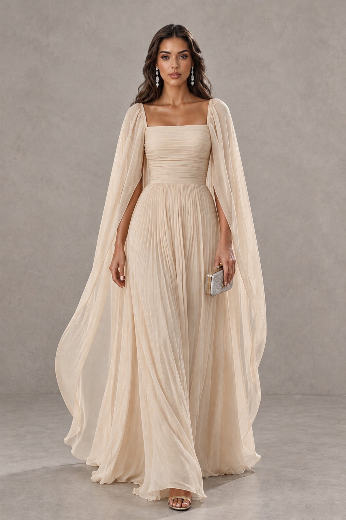 BOLODOO Champagne Square Neck Cape Sleeve A-Line Evening Dress - Champagne - Champagne_1