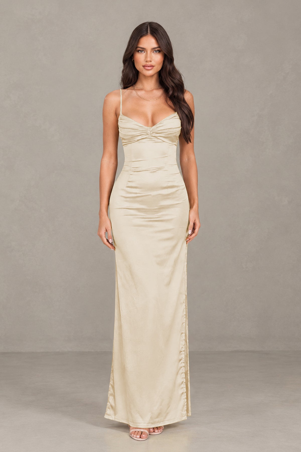 BOLODOO Champagne Satin Cowl Neck Open Back Mermaid Maxi Dress with Side Slit - Champagne